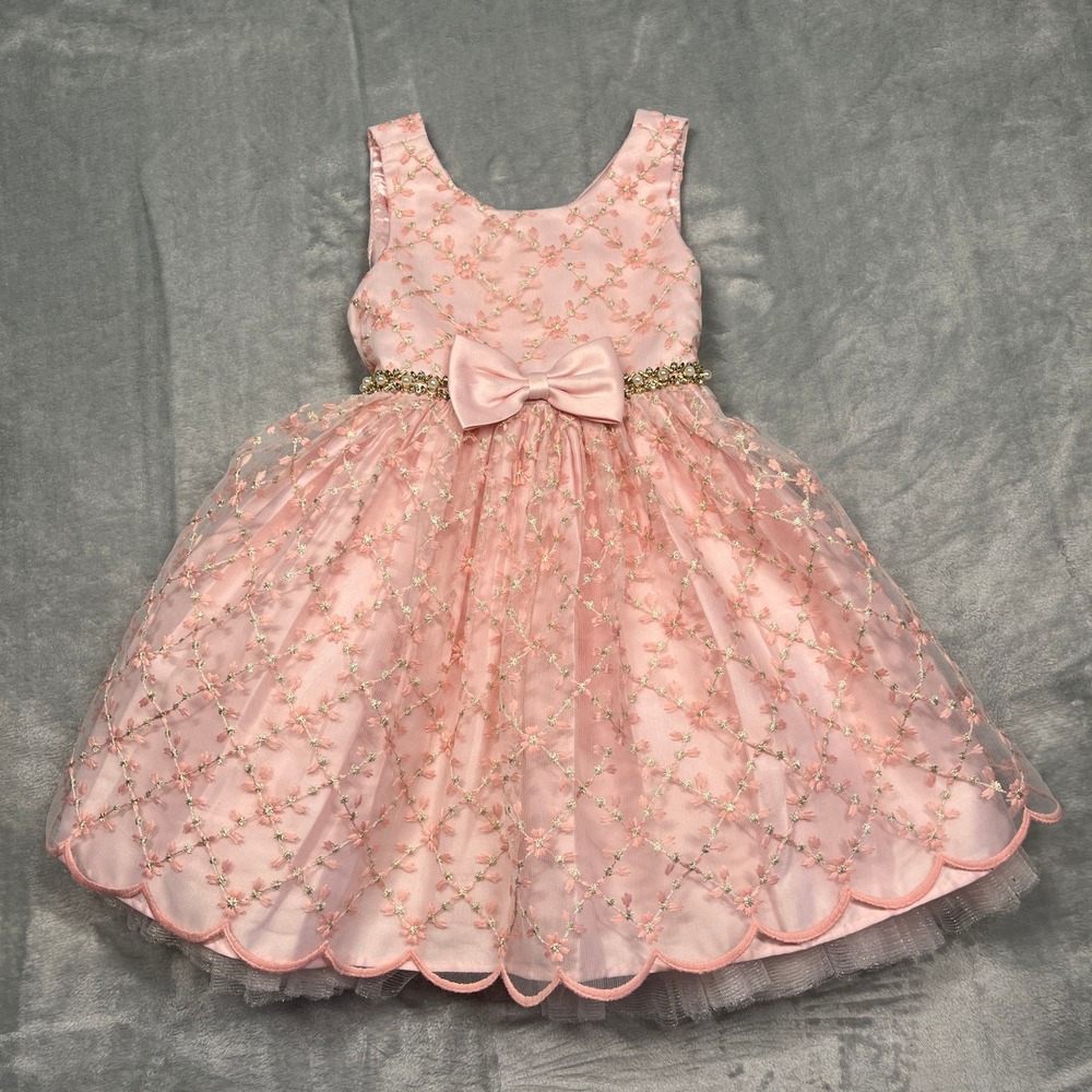 Couture Princess Dress Toddler Girls Pink Floral Mesh Jeweled Bow Formal 2T‎